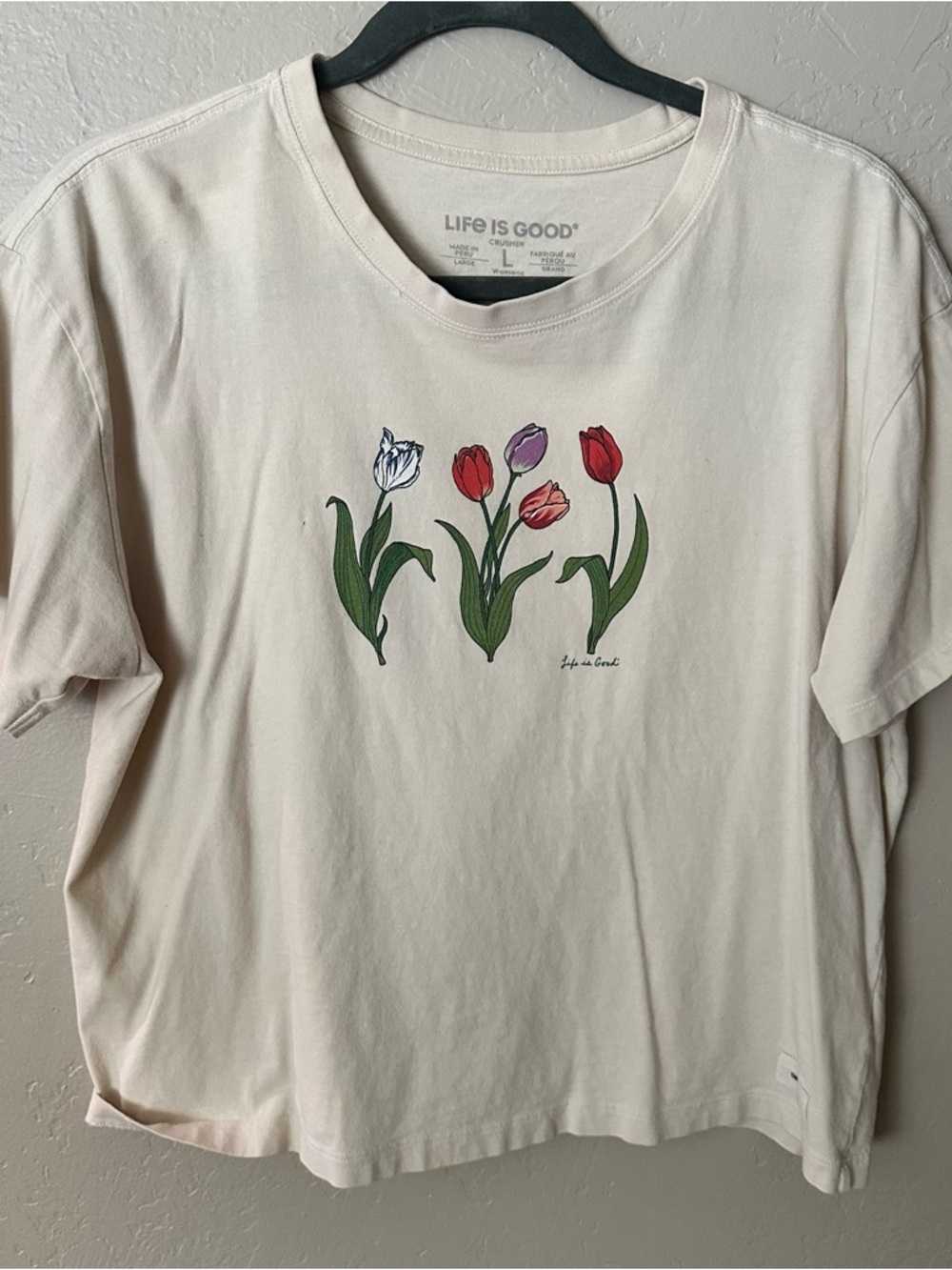 Life Is Good Cream Tee with Red, Purple, Pink & White Tulips